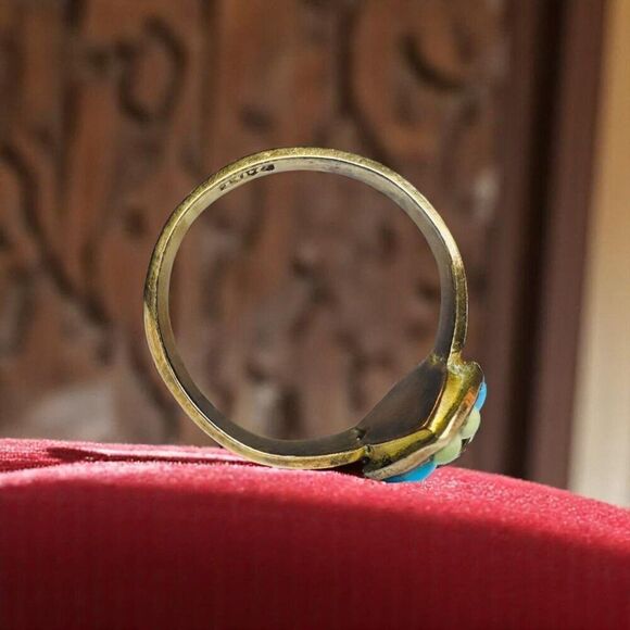 ANTIQUE- 10K Gold -Turquoise & Seed Pearl Ring -Sz 3.25- Victorian Western -1.8g - Picture 4 of 16